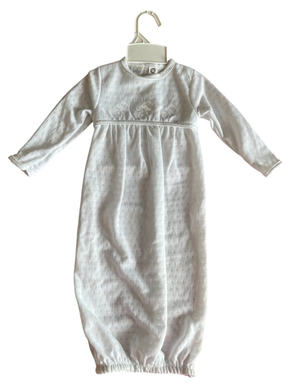 NWOT Vintage 1990s Designer Baby Dior White Embroidered Rattle Knit Nightgown
